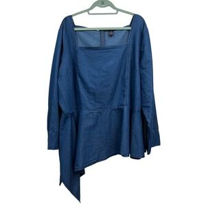 Ashley Stewart Blouse Top Square Neck Asymmetric Long Sleeve Zip Blue Women 26*